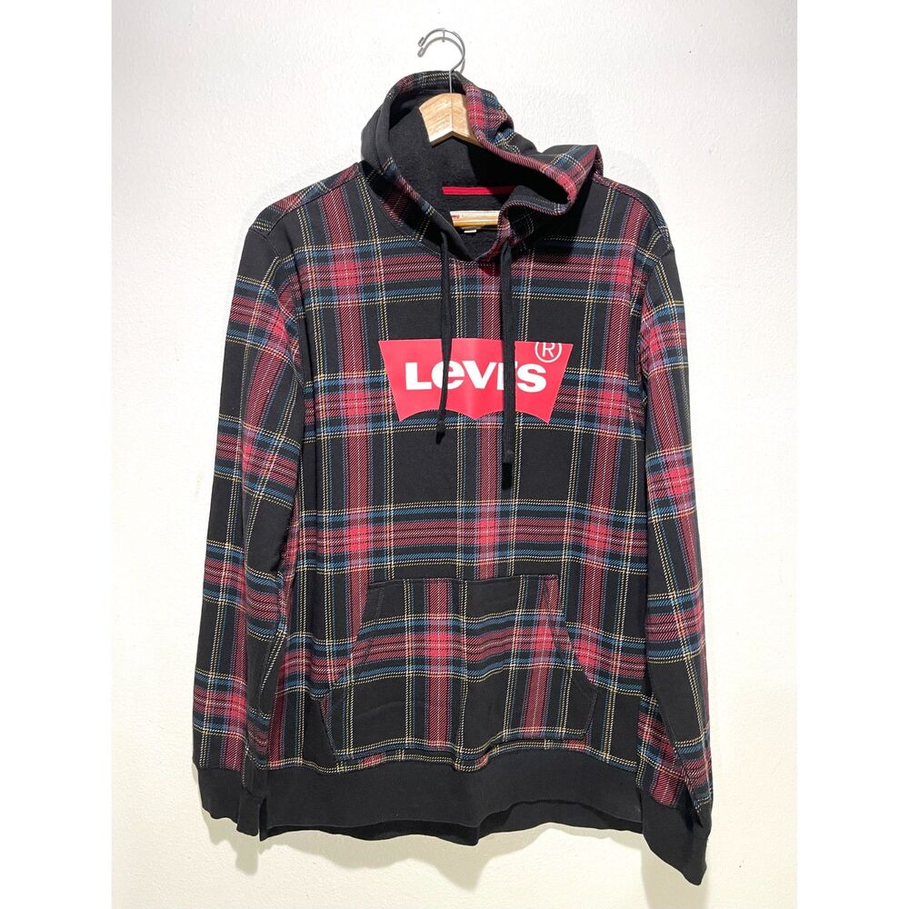 Levi's hooded sweatshirt big logo holidays plaid black red atleisure men's L